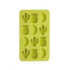 a green flexible rubber ice cube tray with twelve holes, making ice cubes shaped like pineapples, cacti and watermelon slices