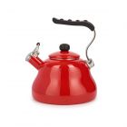 bright red whistling stovetop kettle with flip spout and ergonomically designed black handle