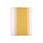 Folded white tea towel with yellow stripe through the middle