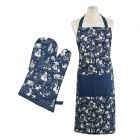 dark blue single oven glove with matching apron with rabbit design