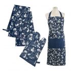 dark blue peter rabbit kitchen linens set including apron, tea towels and oven glove