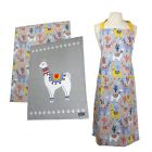 100% cotton apron and tea towel set with llama print, for cooking and baking