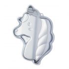 Silver-anodised aluminium baking cake pan shaped like a unicorn head.