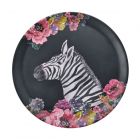 Floral round melamine serving tray with a zebra illustration.