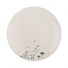 a cream stoneware dinner plate, with a navy blue fox decal