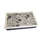 Navy and cream coloured cushioned lap tray featuring a woodland themed design.