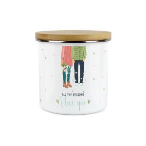 Enamel storage jar with bamboo lid, printed with couple holding hands