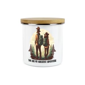 Enamel storage jar with couple hiking design, perfect gift for valentines day