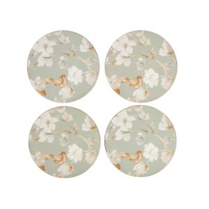 Set of 4 round wooden coasters with cork-backing and a luxury lacquer finish, featuring a duck egg floral design.