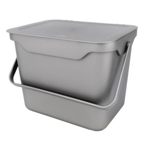 Silver rectangular food waste compost caddy bin with carry handle. 5 litre capacity shiny grey storage container.