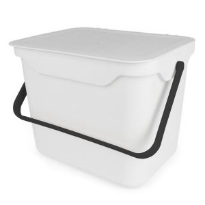 White plastic composting caddy bin for food waste with black handle. Suitable to be used for home storage or kitchen bin.