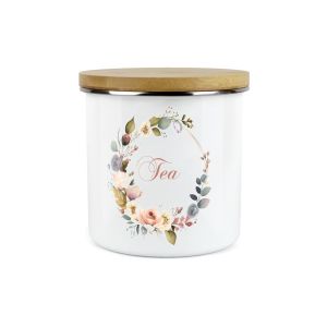 a pretty floral design tea storage canister made from enamel