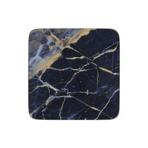 Pack of 6 square cork-backed coasters featuring a navy blue and gold marble print.