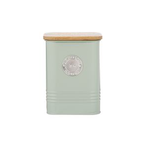 a mint green metal tea storage canister with a bamboo lid