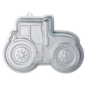 Silver-adonised aluminium baking tin shaped like a tractor, for baking a tractor cake.