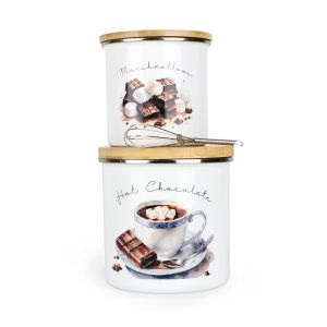 hot chocolate gift set containing two storage canisters and a mini whisk