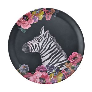 Floral round melamine serving tray with a zebra illustration.