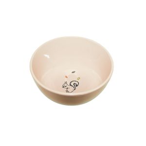 a cream ceramic cereal bowl with a squirrel decal